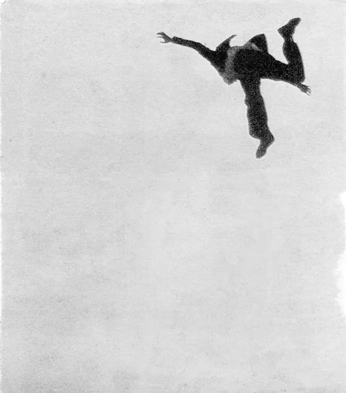A figure falling through white