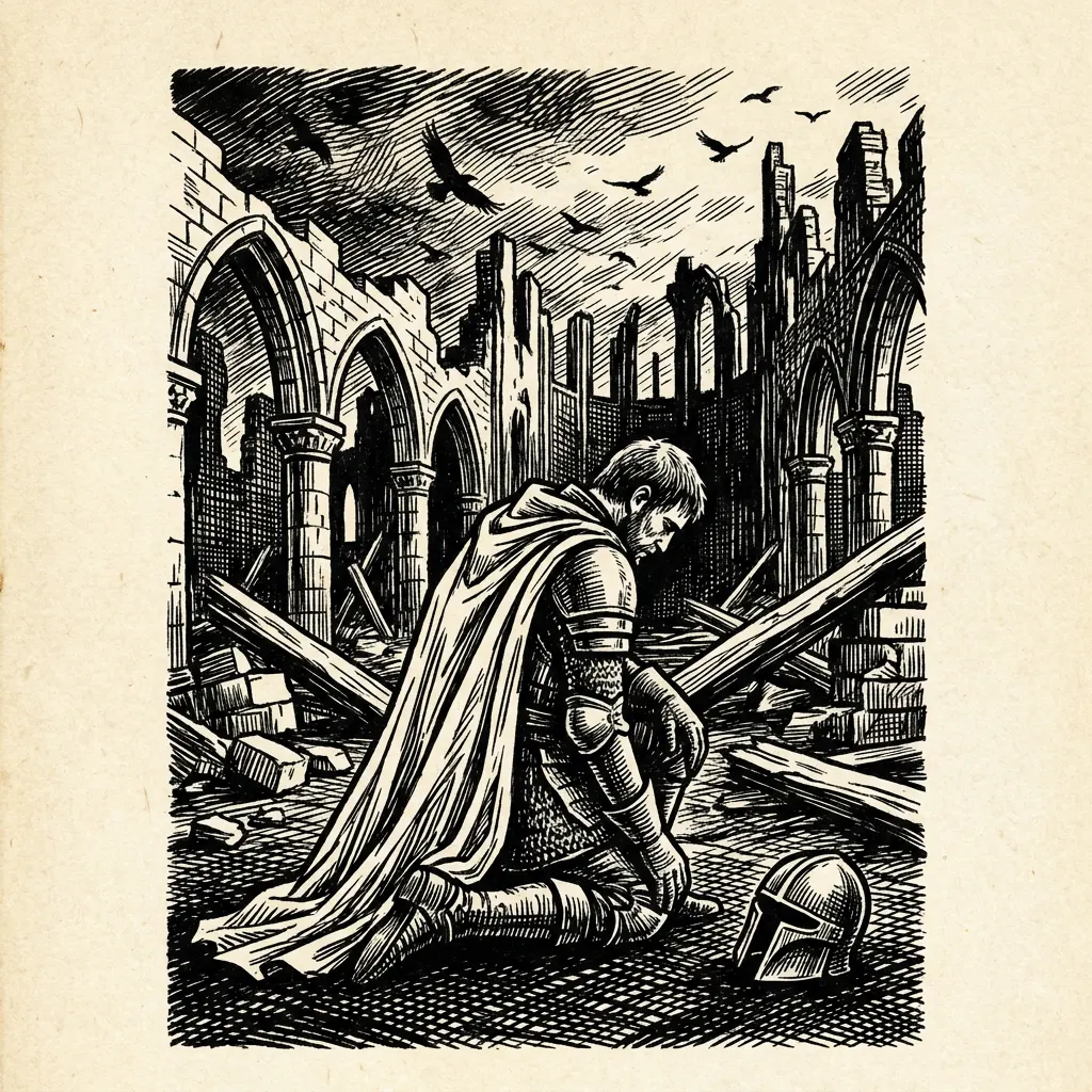 Woodcut engraving — a knight kneeling in cathedral ruins