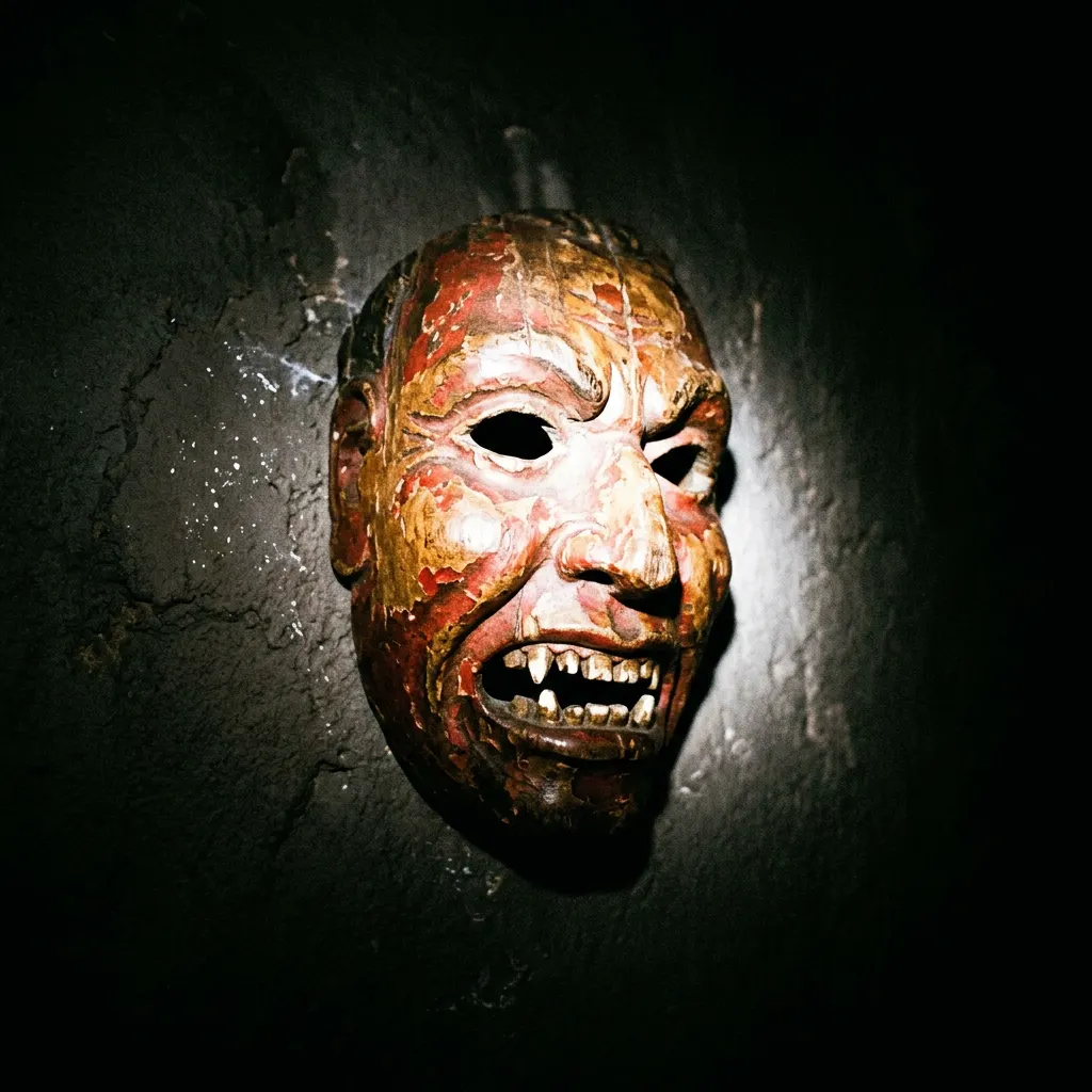 Carved snarling mask in red and gold, spotlit in the void