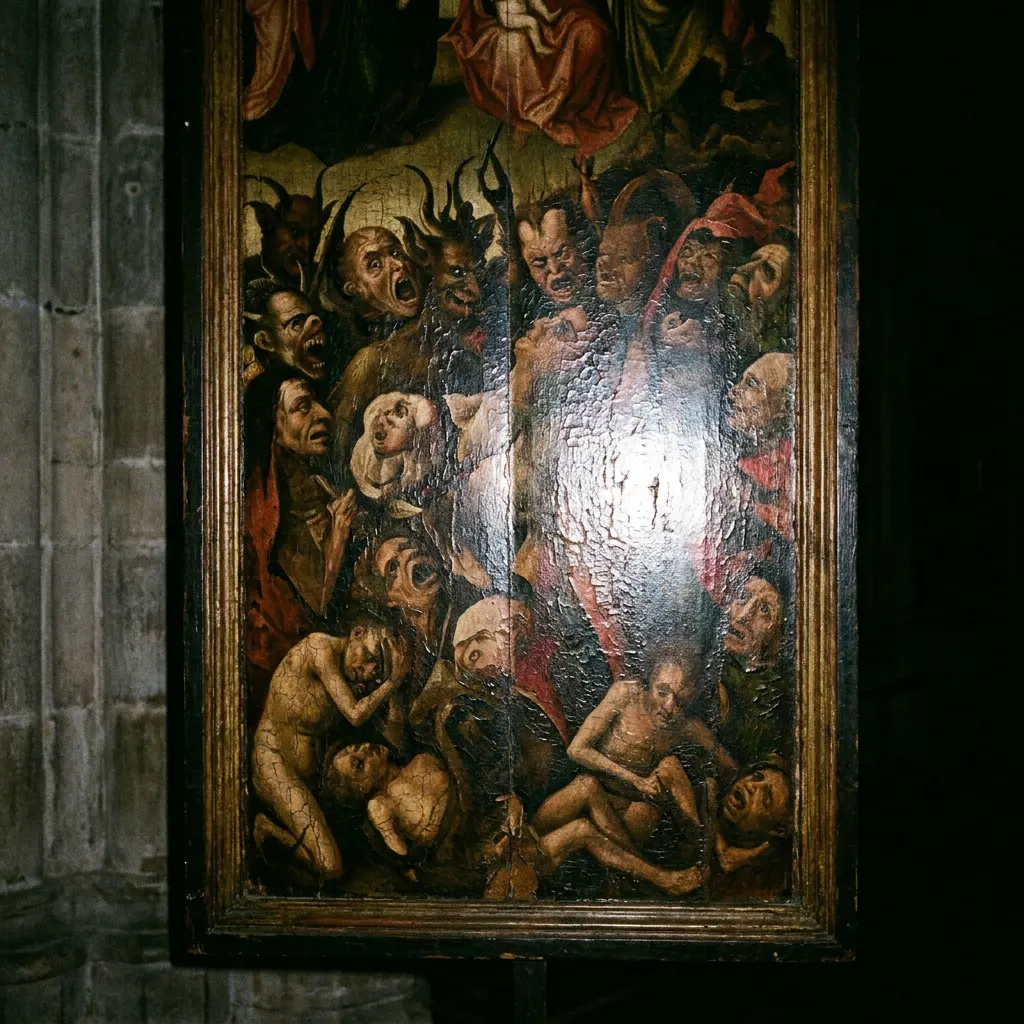 Medieval Hell painting in a gilt frame on a stone wall