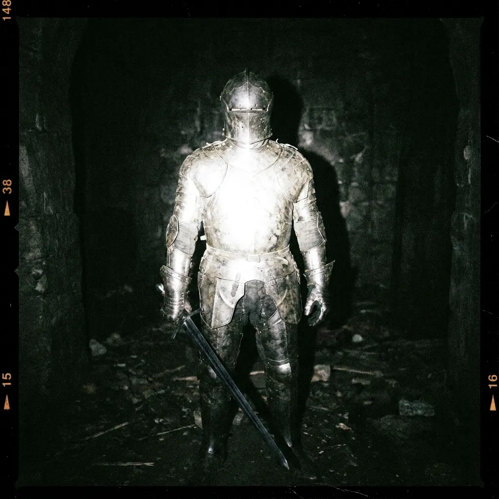 The knight in the black corridor — film frame with sprocket holes