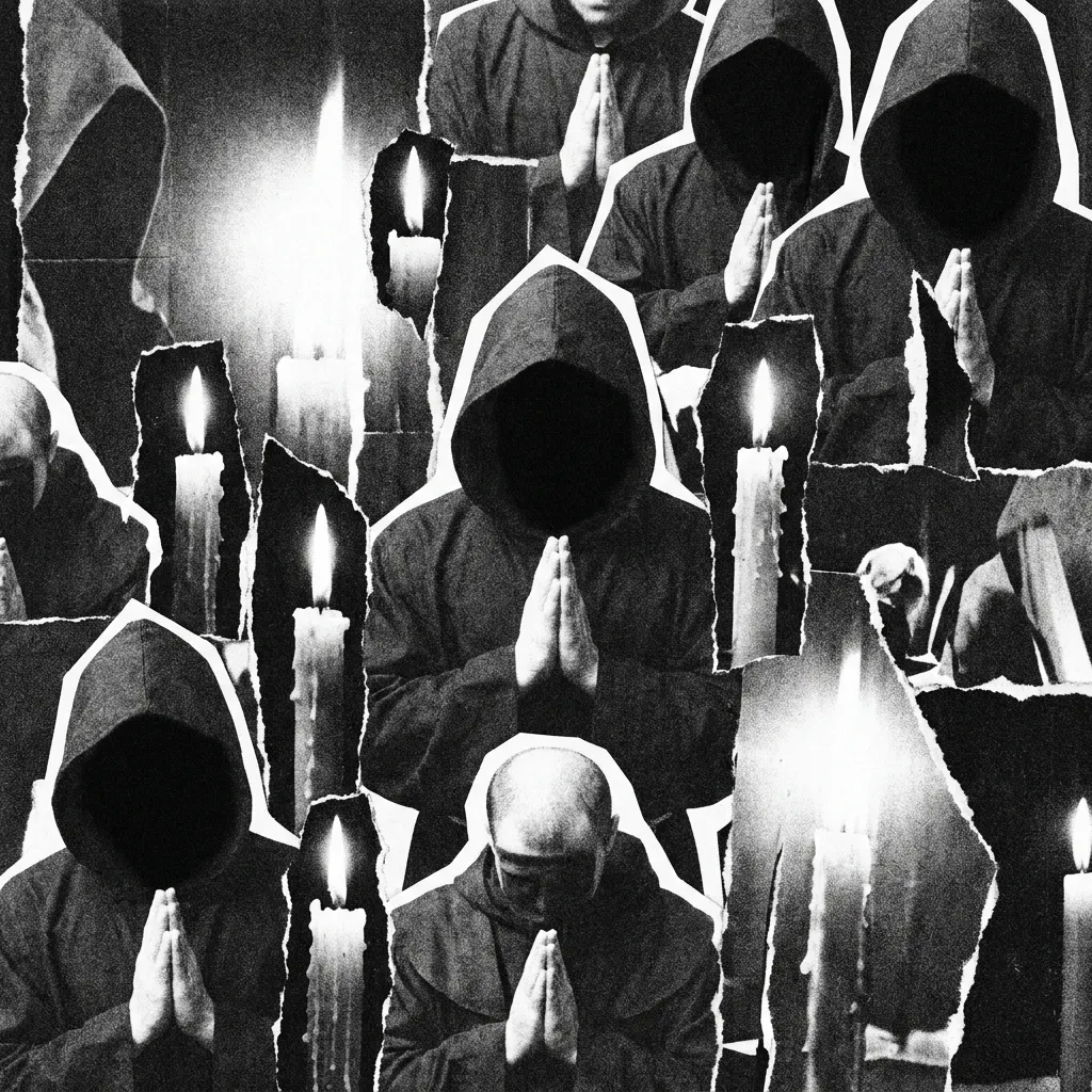 Hooded figures with candles, faces cut to black voids