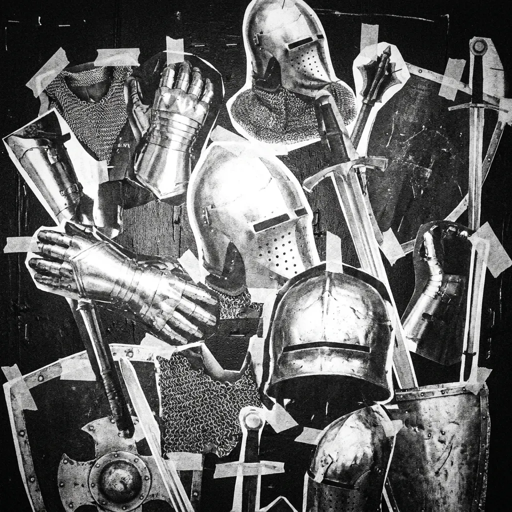 Taped collage of gauntlets, helms, swords and mail