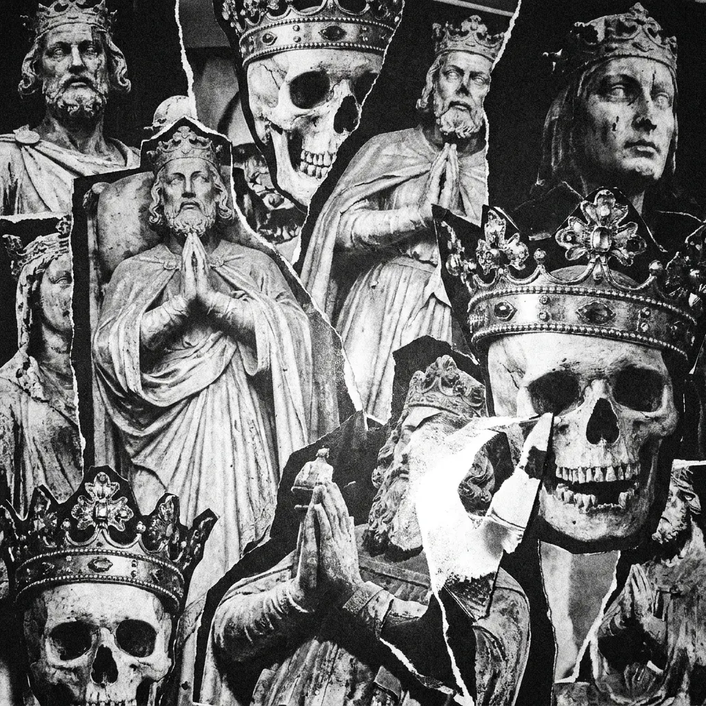 Crowned kings with skulls for faces — the court
