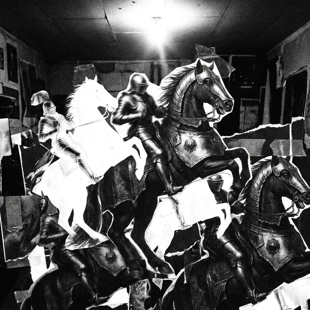 Four armored riders — collage pasted on a lit wall