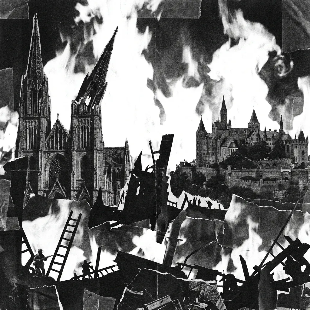 The burning cathedral and city in white flame