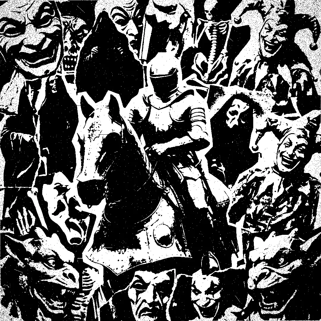 Threshold collage — pure black and white, no midtones